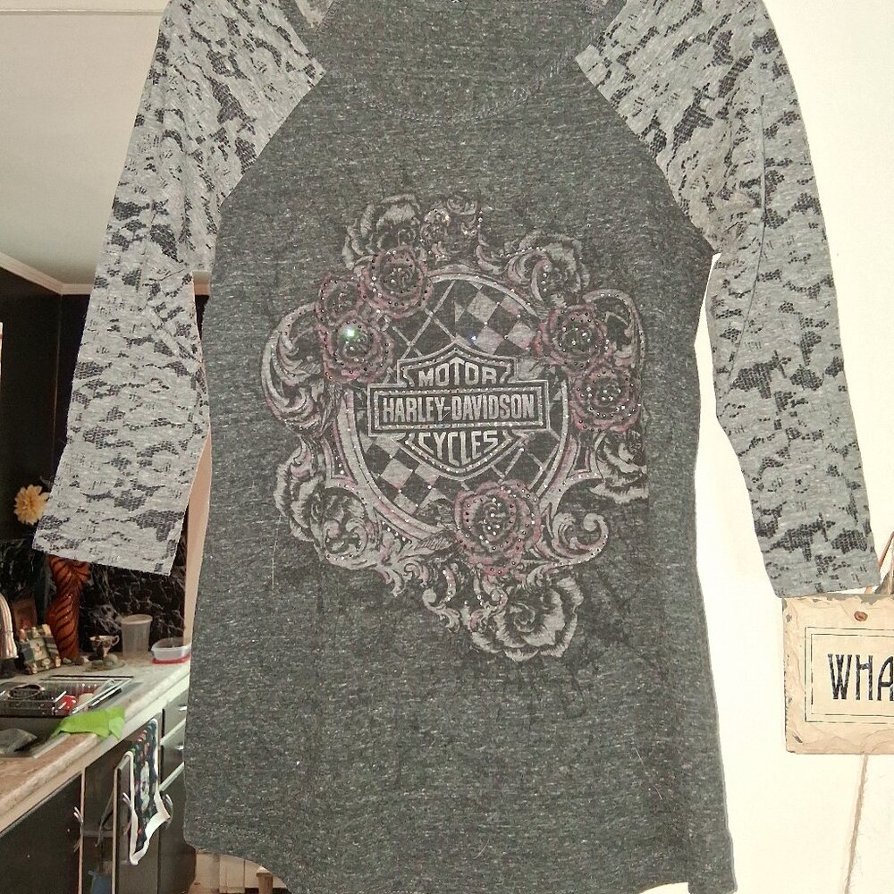 Genuine Harley-Davidson Ladies 3/4 Length Sleeve T-Shirt Size S Rhinestones